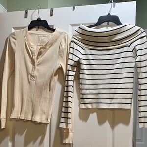Cream Henley Top and Striped Off-Shoulder Sweater